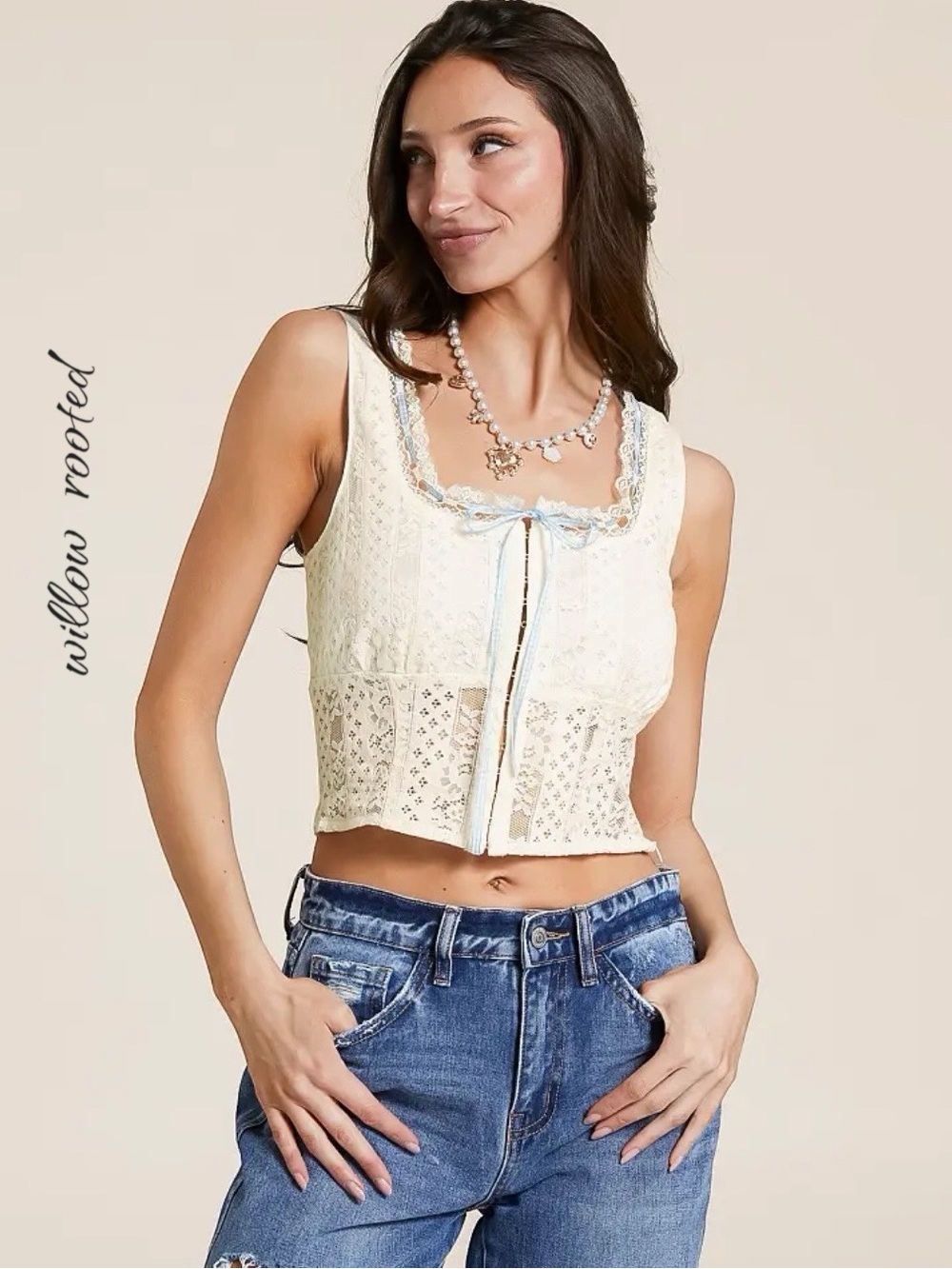 Willow + Root Lace Corset Top
Size L Cream Blue Gingham
Coquette Cottagecore